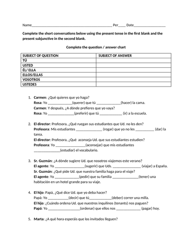 Present subjunctive conversation worksheet
