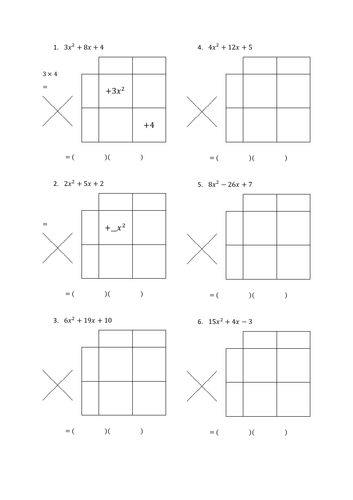 Factorising (a>1) using Box Method - Worksheet