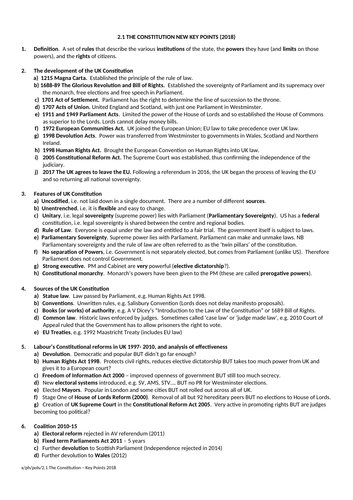 Government and Politics: The Constitution Key Points Sheet (NEW SPEC) - Edexcel