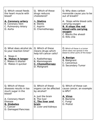 18 quiz cards for Non-communicable diseases - AQA GCSE organisation topic