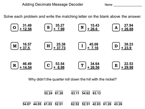 Adding Decimals in the Hundredths Place: Math Message Decoder