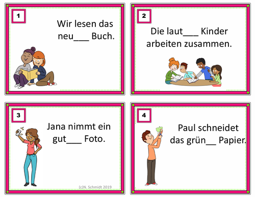 German Adjective Endings Task Cards: 24 Aufgabenkarten für Adjektivendungen