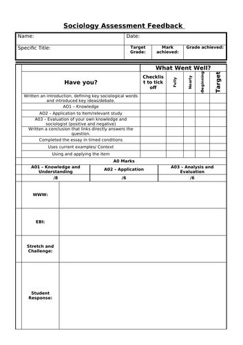 A-level Sociology 20 & 30 Mark Assessment Feedback Sheets