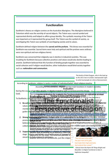 A-level Sociology Beliefs in Society Functionalism Booklet