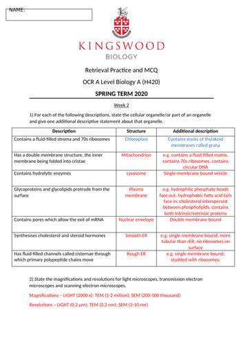 Weekly Retrieval Practice and MCQs (OCR H420 Year 1 Content)