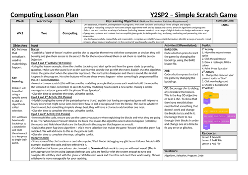 Computing Planning - Scratch: Creating a Simple Game - Year 2