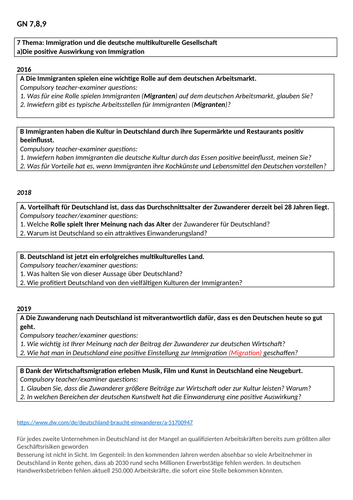 Edexcel German A-Level (A2) Speaking practice booklet on Immigration and Integration