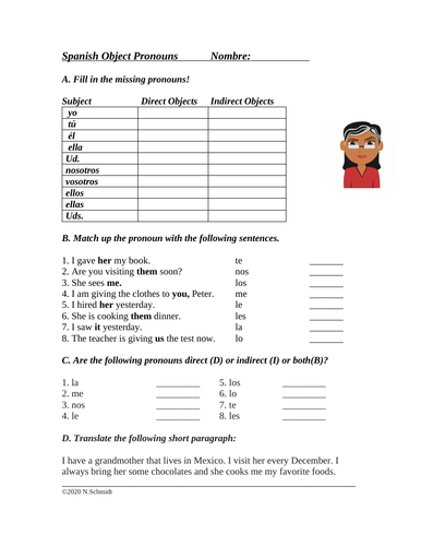 Spanish Object Pronouns Worksheet / Quiz: Objectos directos e indirectos