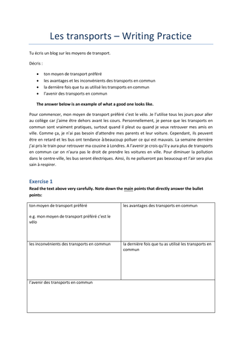 GCSE French Writing Practice: 'Les Transports'