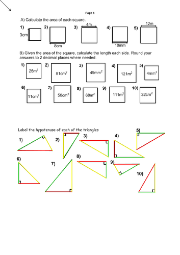 Pythagoras' Theorem Worksheet