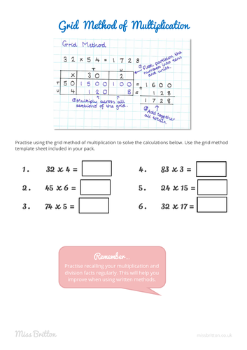 Grid Method of Multiplication Worksheet