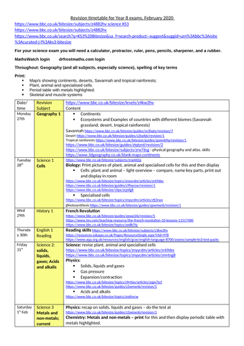 Year 8 revision timetable for February exams with bitesize links