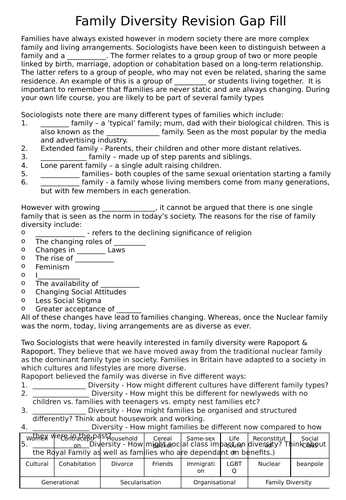 GCSE or A-Level Sociology Revision Gap Fill Families