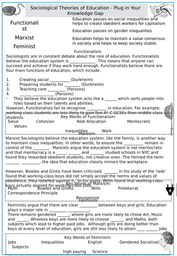 GCSE or A-level Sociology - Education Gap Fill Activity