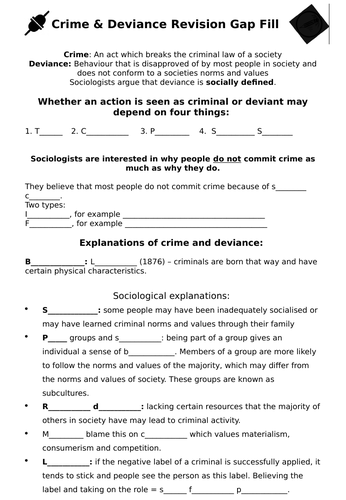 GCSE or A-level Sociology - Crime & Deviance Revision Gap Fill