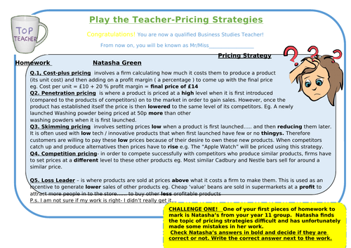 Pricing Strategies- Play the Teacher- with differentiated version