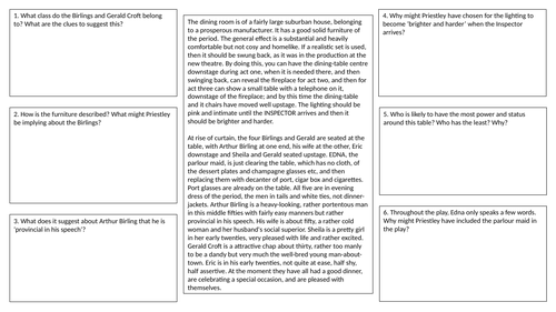 KS4 An Inspector Calls opening stage directions worksheet