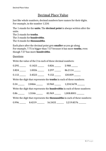 Mathematics - Decimal Place Value (Free)