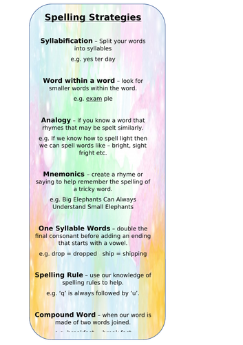 Spelling strategies bookmark