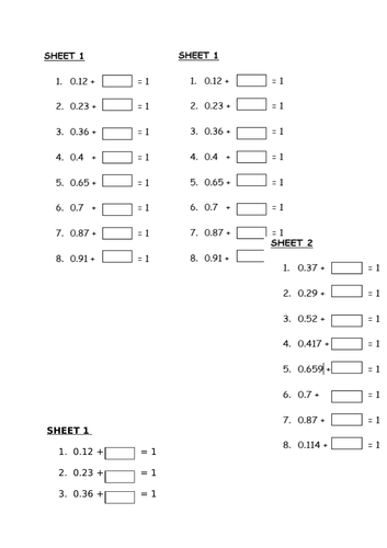 decimal number bonds to 1 - worksheets and challenges - Y5 & Y6
