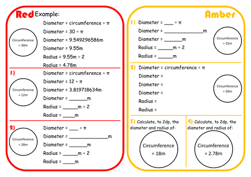 Diameter given the Circumference Differentiated RAGE Sheet