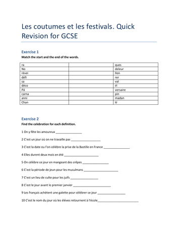 Coutumes et Festivals:  Quick Revision