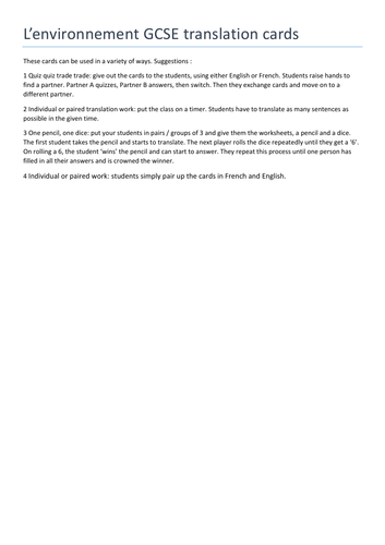 L'Environnement: Translation Cards