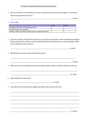 The House of One Hundred Clocks Year 6 Reading comprehension