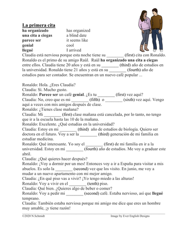 Spanish Ordinal Numbers Reading + Worksheet: Números Ordinales Lectura