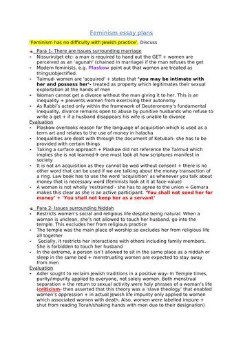 OCR A Level RS Feminism essay plans (Judaism)