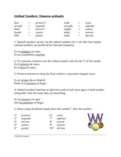 Spanish Ordinal Numbers Handout + Worksheet: Números Ordinales