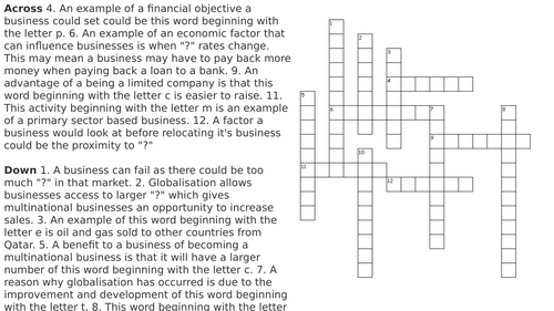 GCSE (9-1) Business End of Topic Crossword Activties