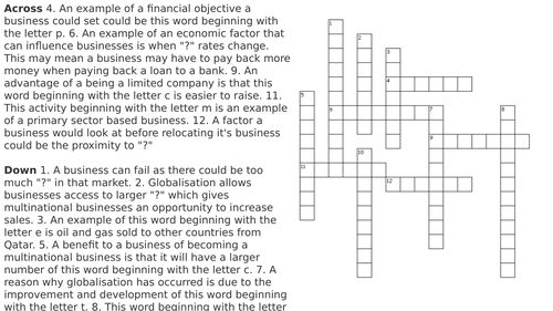 IGCSE Business Crossword Activities (1.1 - 5.4)