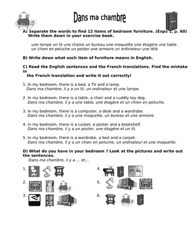 French bedroom furniture worksheet