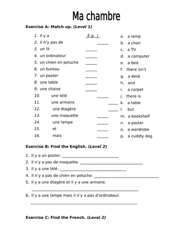 French bedroom furniture worksheet