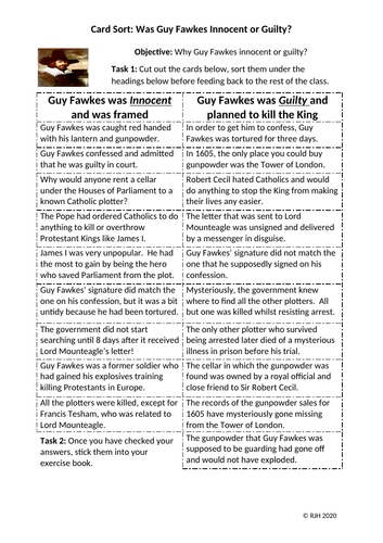 Card Sort SEND: Was Guy Fawkes Innocent or Guilty?
