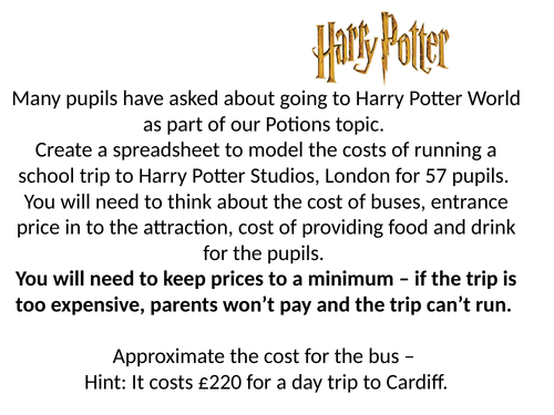 Harry Potter Trip Spreadsheet Costing Task