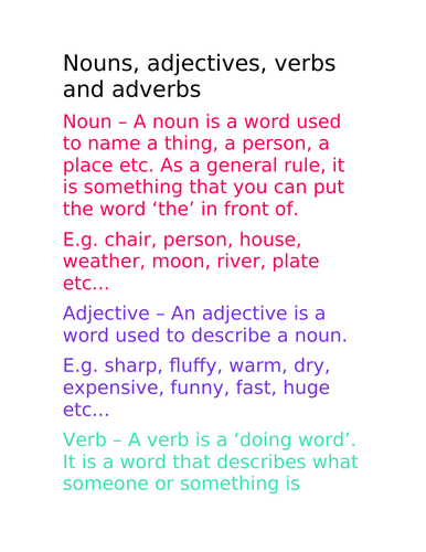 Nouns, adjectives, verbs and adverbs descriptions | Teaching Resources