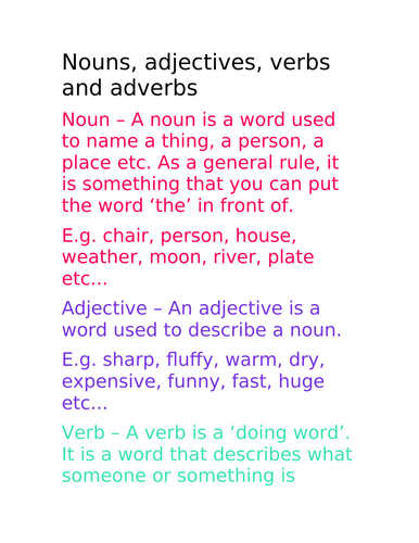 Nouns, adjectives, verbs and adverbs descriptions