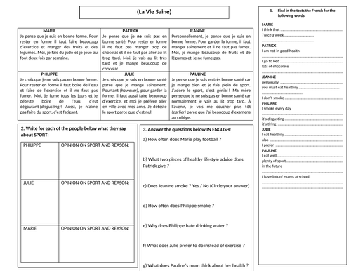 GCSE/KS3 FRENCH - Healthy Living/La Vie Saine - narrow reading activity