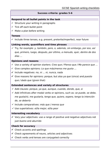 GCSE Spanish writing checklists