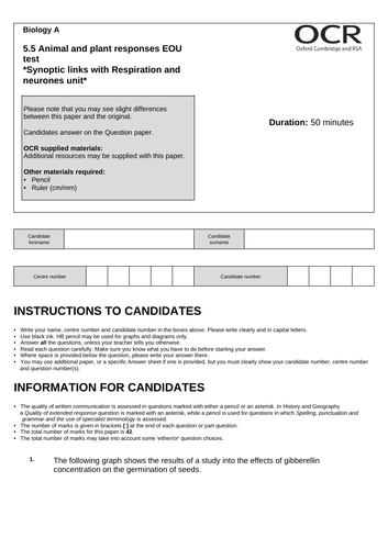 OCR A-level biology 5.5 Animal and plant responses test with synoptic elements