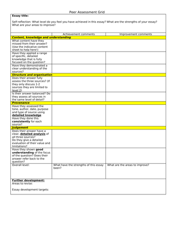 AQA A Level Paper 2 Source Question Peer Assessment Sheet