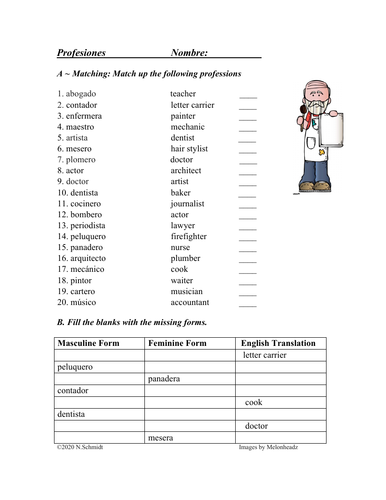Download Spanish Professions Worksheet Profesiones Teaching Resources