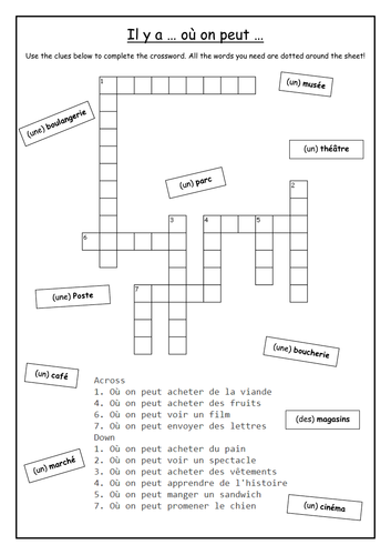 GCSE FRENCH Foundation - Ma Ville - Places in the town puzzle using 'où on peut'