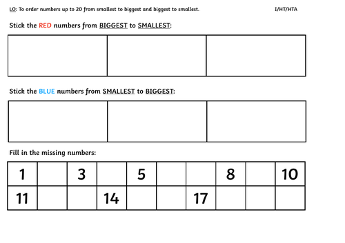 Year 1 - Ordering Numbers up to 20 Differentiated Activity