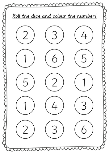 Roll and Colour Numbers up to 6 recognition activity