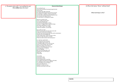 Hyena by Edwin Muir A3 Worksheet