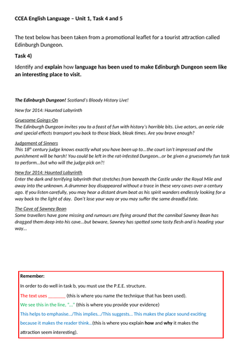 CCEA ENGLISH LANGUAGE -UNIT 1,  MEDIA TEXTS (Task 4 and 5) Edinburgh Dungeon Leaflet