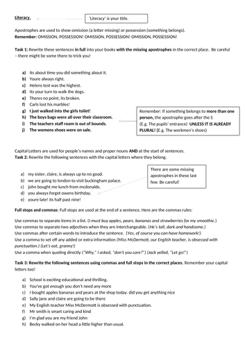 Literacy Worksheet  - Capital letters, full stops, commas, grammar and homophones!